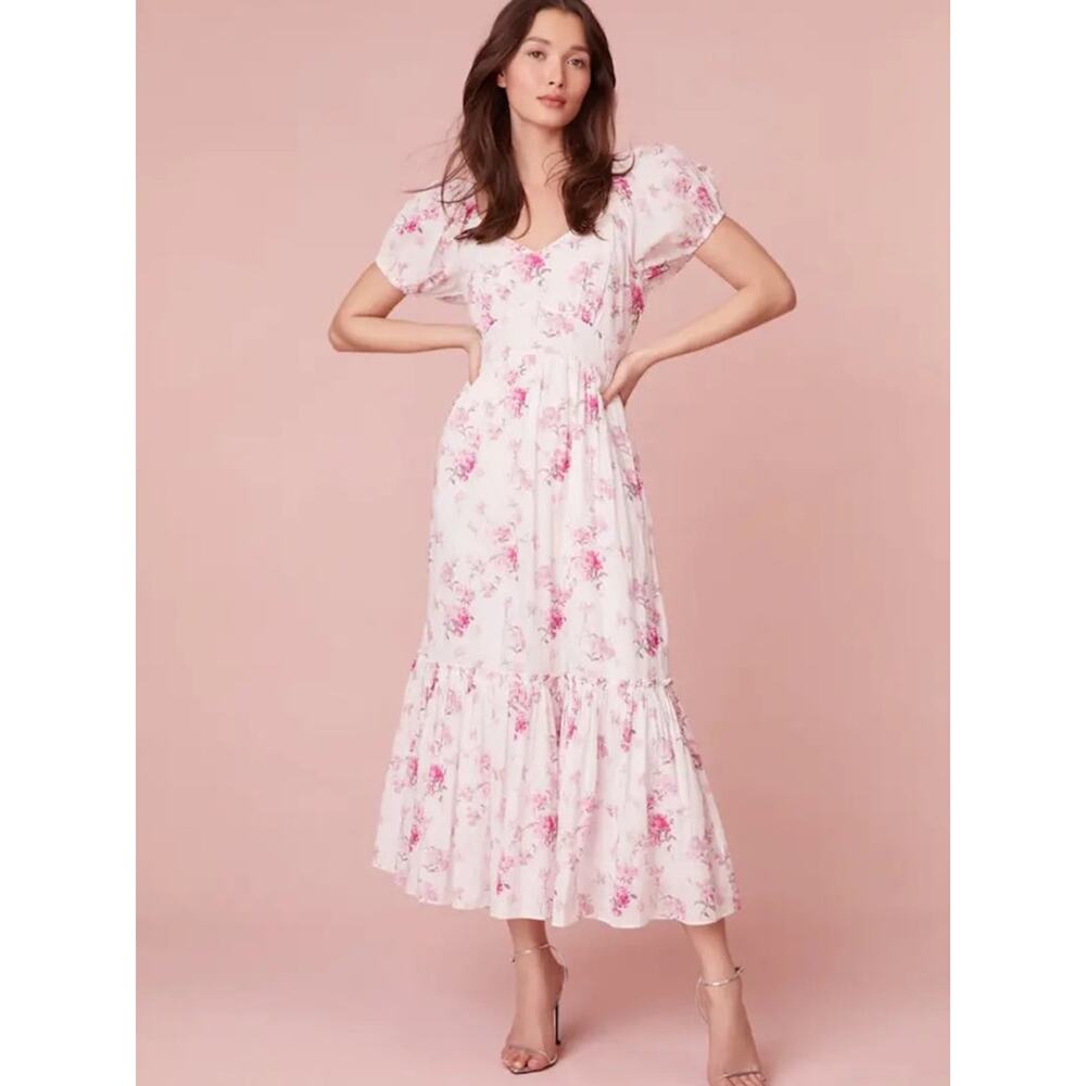 LoveShackFancy Angie Pink Floral Midi Dress | Grandmillennial Romantic Feminine - Picture 11 of 13